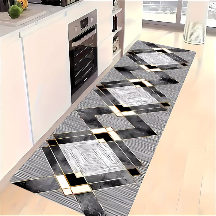 Alfombra de Pasillo Largo con Patrón Geométrico Moderno, Lavable a Máquina, Antideslizante, 100% Poliéster, y Blanco con Detalles Dorados, Ideal para Pasillos y Entradas