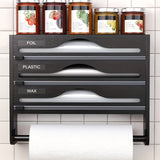 Organizador de Cocina Montado en Pared con Porta Papel Film, Bolsas de Basura y Aluminio - 2/3 Compartimentos para Película Adhesiva, Papel de Albañil y Especias, Accesorios de Bambú, Diseño Elegante y Acabado Suave, Ahorra Espacio