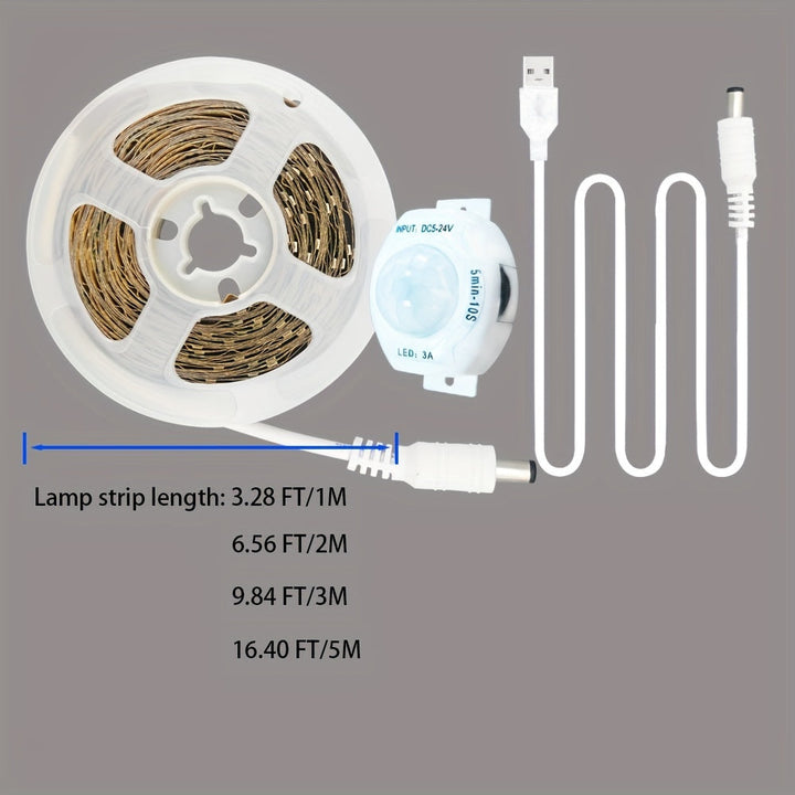 1 Pieza, Tira De Luz LED Blanca Fría Con Sensor De Movimiento Inteligente De 3-16 Pies, Interruptor Automático Con Alimentación USB, Adecuado Para Tiras De Luz De Detección Humana De Bajo Voltaje En Escaleras, Armarios, Guardarropas, Cocinas, Dormitorios
