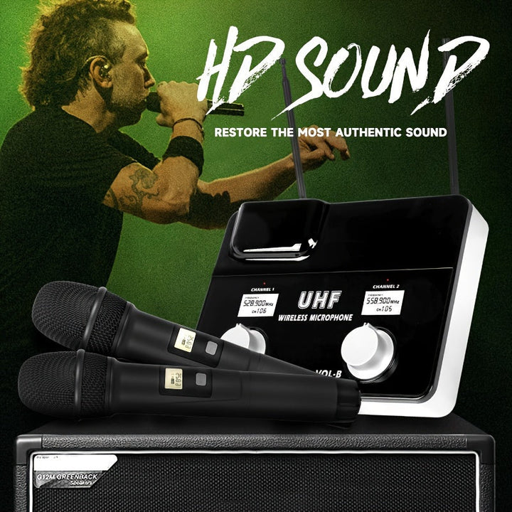 1pc AmaceX KU-63 Sistema de micrófono inalámbrico profesional UHF, sistema de karaoke portátil de 2 canales con captación omnidireccional, conector de 3,5 mm, fuente de alimentación de 110-130V, enchufe de EE. UU., no requiere batería