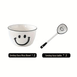 Juego de 4 o 6 tazones de arroz de cerámica con caritas sonrientes y cucharas, diseño divertido en blanco y negro, apto para microondas, ideal para desayunos o snacks, set de desayuno|Diseño juguetón|Tazón para microondas