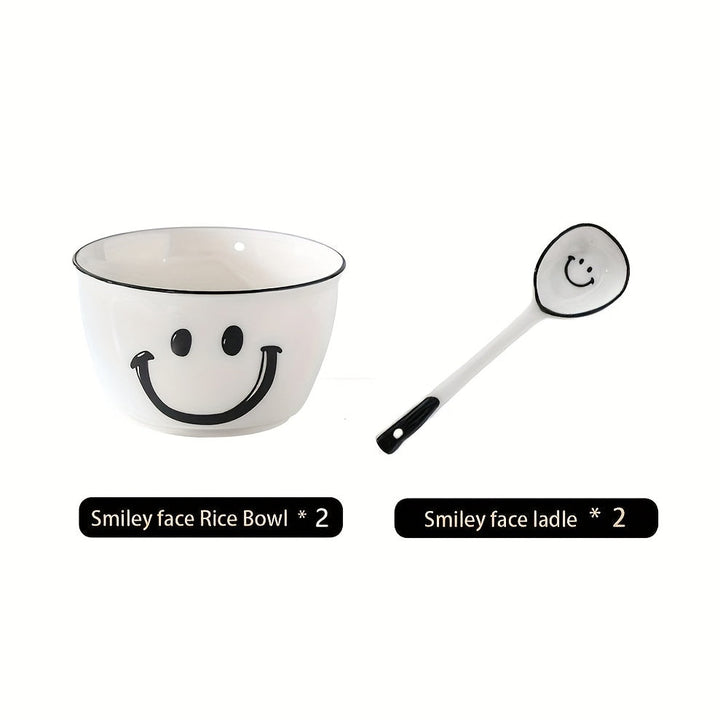 Juego de 4 o 6 tazones de arroz de cerámica con caritas sonrientes y cucharas, diseño divertido en blanco y negro, apto para microondas, ideal para desayunos o snacks, set de desayuno|Diseño juguetón|Tazón para microondas