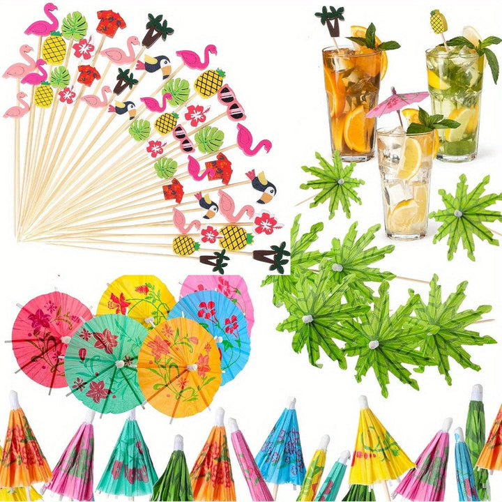 100/200 unidades Accesorios de bebidas de cóctel de bambú, piña de playa Tucán hoja de palma hecha a mano, con sombrilla de bambú para pinchos de cóctel, para aperitivos, fiestas hawaianas, bodas y cumpleaños