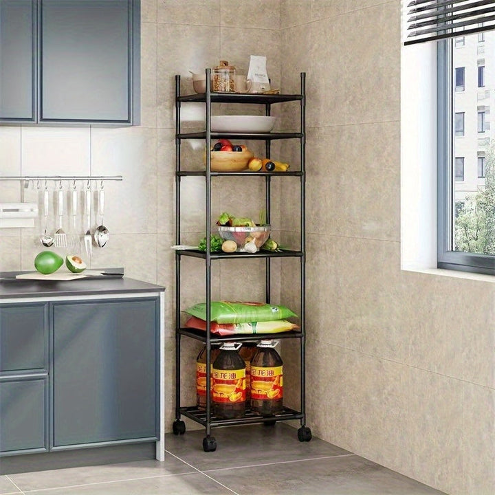 Carro de almacenamiento metálico de 6 niveles con ruedas y ganchos - Organizador de gran capacidad para cocina, baño y organización del hogar - Negro, sin necesidad de ensamblaje, carro de almacenamiento de cocina, unidad de estantería versátil, carro de