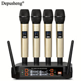 Sistema de micrófono inalámbrico DEPUSHENG, kit de micrófono portátil de 4 canales, con recepción de doble canal, control de volumen, patrón polar unidireccional, conector de 6,35 mm, enchufe estadounidense, fuente de alimentación 110-130V, para escenari