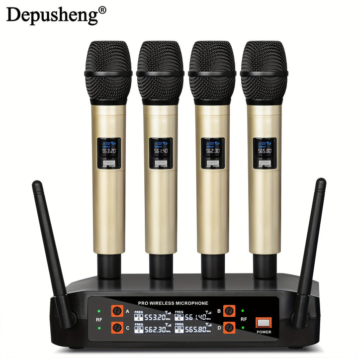 Sistema de micrófono inalámbrico DEPUSHENG, kit de micrófono portátil de 4 canales, con recepción de doble canal, control de volumen, patrón polar unidireccional, conector de 6,35 mm, enchufe estadounidense, fuente de alimentación 110-130V, para escenari