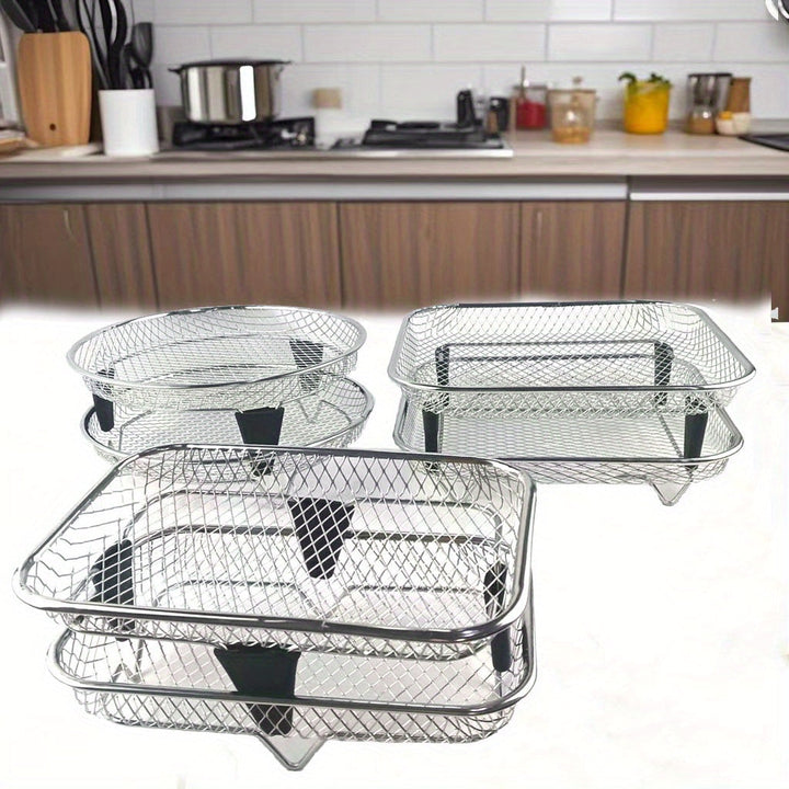 Juego de 6 Accesorios para Freidora de Aire de Acero Inoxidable: Rejilla Apilable, Base Elevadora - Compatible con Horno, Olla a Presión y la Mayoría de Freidoras. Rejilla Multifuncional Duradera y Segura con Diseño de Drenaje, Ideal para Papas Fritas, A