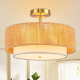 1 pieza de luz de techo integrada de rafia, 3 luces tejidas bohemias, montaje flush, iluminación de granja, moderna, hierro fundido y madera, para sala de estar, cocina, dormitorio, entrada - No incluye bombilla, cerca de la luz de techo