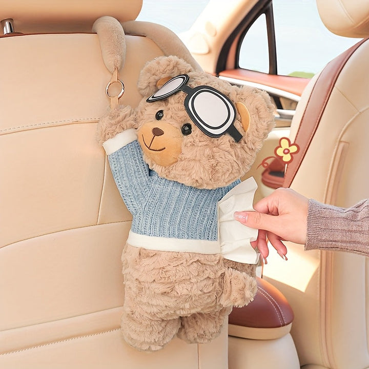Soporte para Pañuelos de Asiento Trasero del Coche con Diseño de Oso Lindo - Suave Peluche con Dibujos Animados y Salopete Azul & Gafas, Almacenamiento Colgante Multifuncional para Acceso Fácil, Apto para Coches, Hecho de Poliéster Duradero