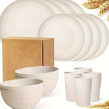 Juego de vajilla premium de paja de trigo, 16 piezas irrompibles, apto para microondas y lavavajillas, set negro con 8 platos, 4 tazones y 4 tazas