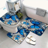 3 piezas, alfombrilla de baño con diseño de mariposa azul y piedra blanca, funda de asiento de inodoro y alfombrilla de pies en forma de U