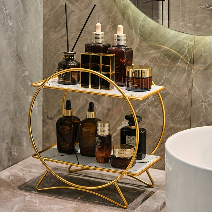 Organizador de baño de doble nivel DONGZHANGGUI con base de orejas de gato elegante - Elegantes estantes de metal para cosméticos, cuidado de la piel y perfumes - Acabado de laca, ideal para un baño moderno, organizadores y almacenamiento de baño.