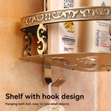 Elegante estante de ducha de esquina con acabado de latón estilo europeo antiguo - Soporte de almacenamiento de pared de aluminio para baño, diseños florales decorativos, no incluye tuberías metálicas, decoración y accesorios para el baño.
