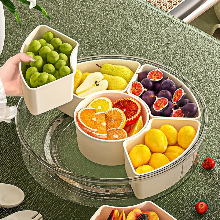 1pc Bandeja de aperitivos giratoria con tapa, organizador de almacenamiento de alimentos de plástico redondo para nueces, frutas secas, dulces - Ideal para el hogar, fiestas, bodas - Seguro para el contacto con alimentos, perfecto para Navidad, Halloween