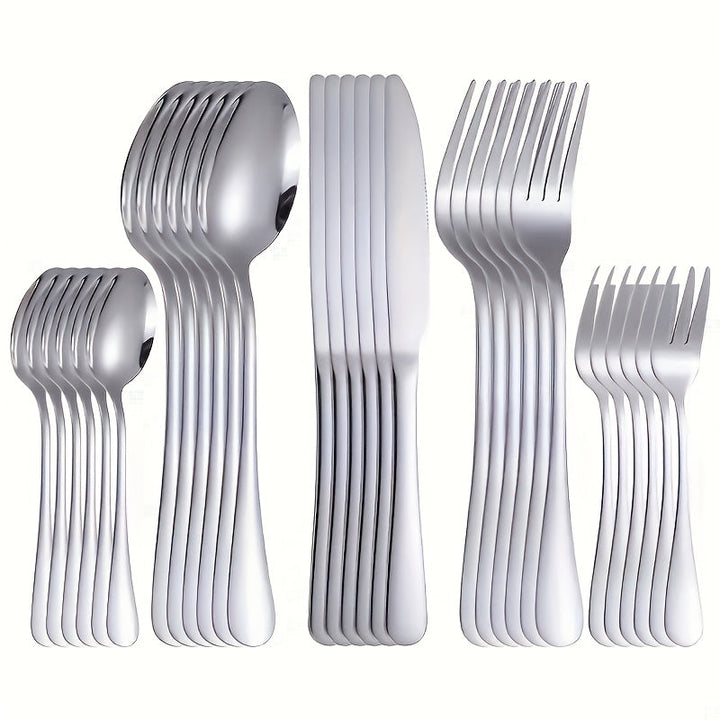 Juego de 30 piezas de vajilla de lujo, juego de cuchara, tenedor y cuchillo, elegante juego de cubiertos de acero inoxidable, juego de cubiertos de café, juego de cocina, juego de cubiertos plateados - Seguro para lavavajillas - Ideal para Navidad, Hallo