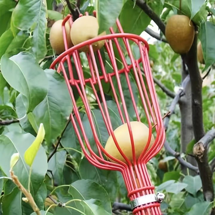 Recogedor de Frutas Metálico Rojo con Pinza Ajustable y Cesta de Tela Amarilla - Cosecha Fácil para Manzanas, Melocotones y Más, Accesorio de Jardín | Diseño Ajustable | Construcción Metálica