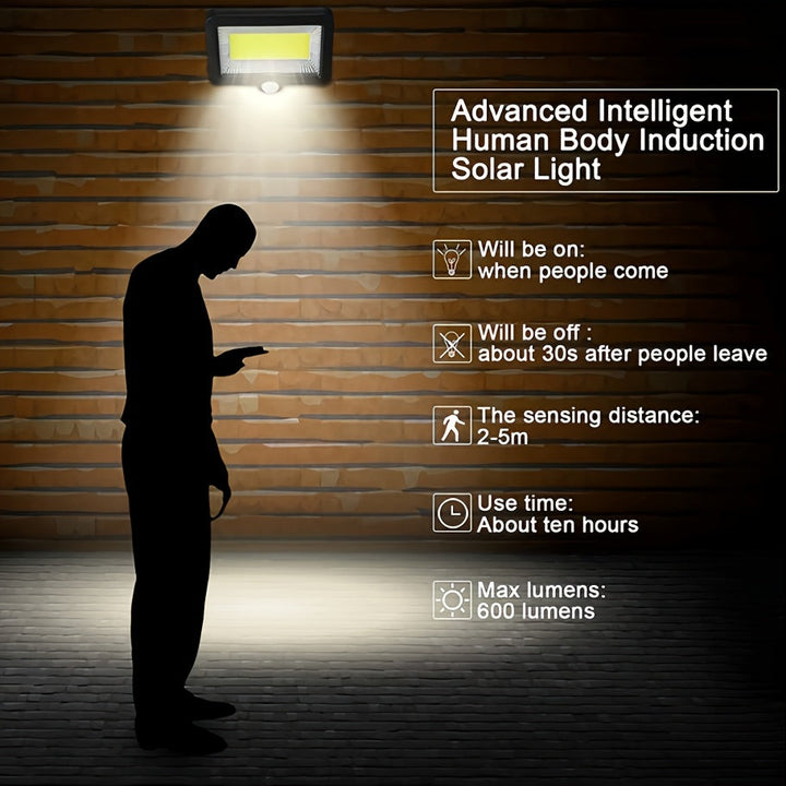 1pc Lámpara de Pared Solar Exterior COB Negra con Función de Detección Corporal, Material Plástico IP44, 3 Modos, Se Enciende Automáticamente en la Oscuridad, Ideal para Patio, Pared Externa, Garaje, Pasillo, etc., Sin Control Remoto