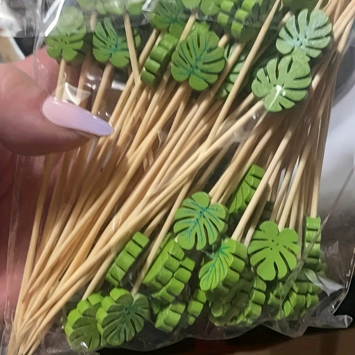 100pcs/50pcs Palitos para Cócteles Tropicales, Palillos de Monstera para Cócteles, Palillos Decorativos para Fiestas, Palos de Bambú Hawaiano, Palitos para Aperitivos y Bebidas Frutales Regalo de Halloween