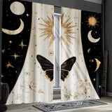 2 cortinas decorativas góticas con motivos de fases lunares, sol, estrellas y flores en negro y dorado