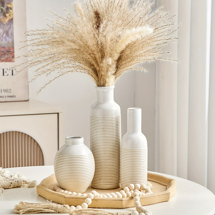 Conjunto de 3 jarrones cerámicos bohemios, conjunto de 3 jarrones decorativos redondos, para estilo de granja, con flores secas, ramos frescos y acuarios, para hogar, sala de estar, mesa de comedor y decoración de entrada