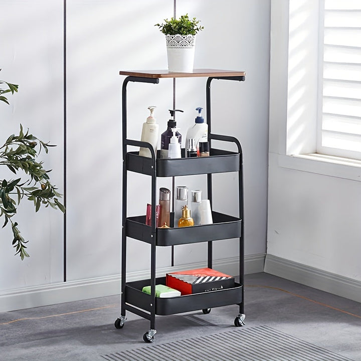 Carrito de Almacenamiento Versátil de 4 Niveles con Ruedas - Diseño Delgado, Tapa de Madera y Cestas de Malla para Cocina, Oficina, Baño - Estructura Metálica Duradera, Acabado en Polvo - Negro/Blanco, Ganchos de Utilidad